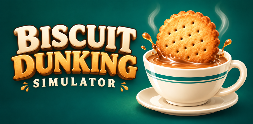 Biscuit Dunking Simulator: a golden biscuit dipping into a striped teacup.
